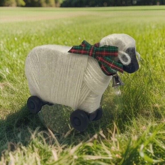 Unbranded Other - Primitive Wooly Lamb Sheep Holiday Figurine on Wheels Wood Body Bell Bow Vintage